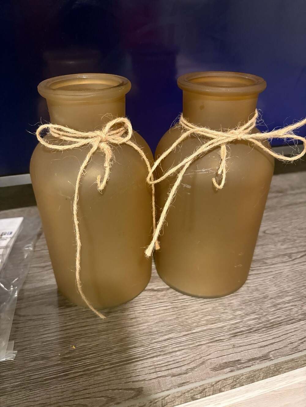 Amber Frosted Glass Bud Vases with Hemp Jute Rope Tie, Set of 2